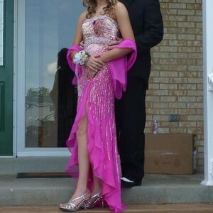 Stunning Pink Strapless Gown with Silver Accents